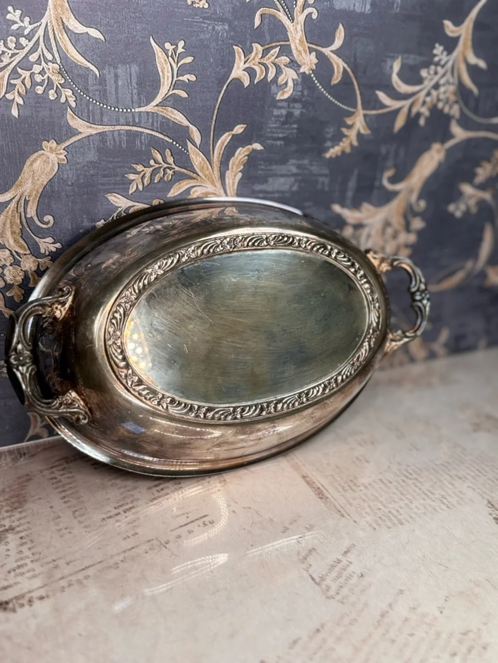 Vintage Silverplate Oval Serving Bowl Dish w Handles Footed 9.5”
